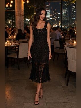 Alexis Black Lace Midi Dress Square Neck Ruffle Evening Cocktail Size M